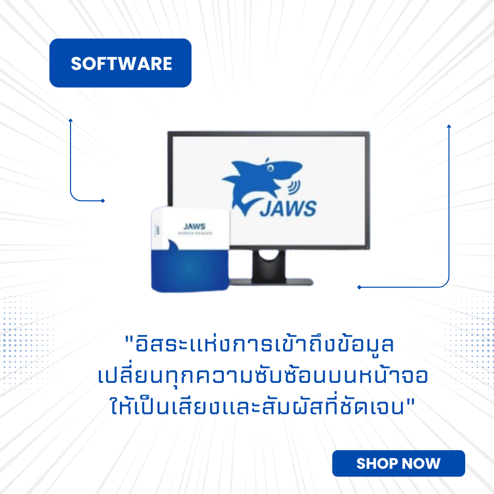 "อิสระแห่งการเข้าถึงข้อมูล เปลี่ยนทุกความซับซ้อนบนหน้าจอให้เป็นเสียงและสัมผัสที่ชัดเจน" ฮาร์ดแวร์ที่ดีต้องมาพร้อมกับซอฟต์แวร์ที่ทรงประสิทธิภาพ บริษัท SAINT ให้บริการจัดจำหน่าย ติดตั้ง และสอนการใช้งาน "ซอฟต์แวร์ช่วยการเข้าถึง" อย่างครบวงจร ไม่ว่าจะเป็นโปรแกรมอ่านหน้าจอ (Screen Reader) ระดับโลกที่ช่วยให้การใช้คอมพิวเตอร์เป็นเรื่องง่าย โปรแกรมขยายหน้าจอสำหรับผู้มีสายตาเลือนราง ไปจนถึงซอฟต์แวร์เฉพาะทางสำหรับการแปลงเอกสาร สร้างภาพนูน และแปลงโน้ตดนตรีอักษรเบรลล์
